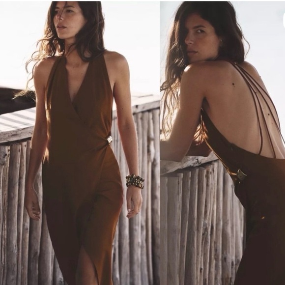 Zara Brown Backless Halter Dress - Picture 2 of 13